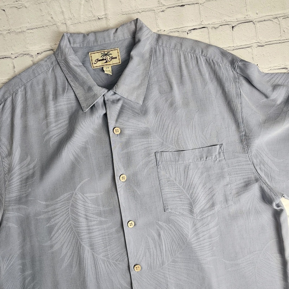 Jamaica Jaxx Shirt Large Blue 100% Silk Wood Buttons Hawaiian Palm Leaf
